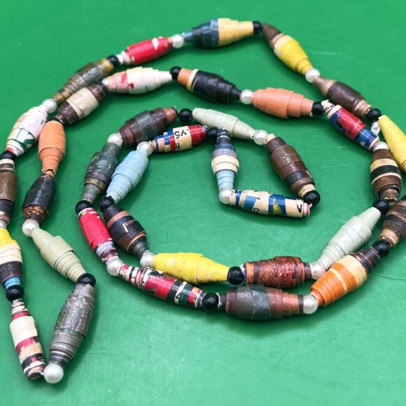 Handmade Rolled Paper Bead Necklace Long Continuous Strand Upcycled Bohemian - Picture 7 of 10